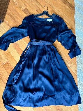Trovata Navy Satin (100% silk) Midi Dress with extra long tie Belt. Size L.